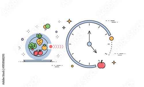 Intermittent fasting lifestyle a small plate with healthy food icons appearing during a marked eating window on a clock while the rest of the circle shows a