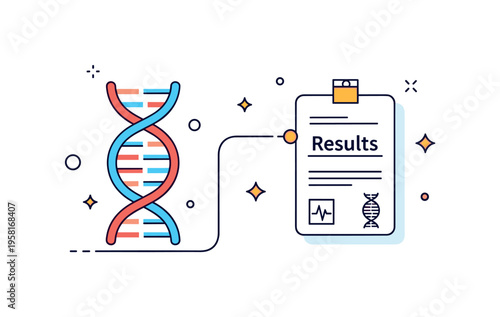 Genetic testing in healthcare featuring a DNA strand connected to a small medical report card marked ?Results?. The composition conveys personalized medicine