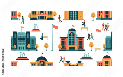 city hall civic center seamless pattern, people walking near government buildings, flagpoles, benches, fountains and town hall facades arranged in a repeating