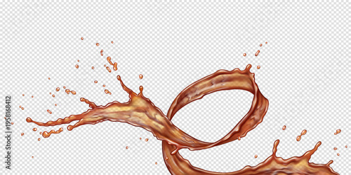 Dynamic illustration of swirling cola or coffee liquid in motion. Captured on a transparent background. Vibrant amber hues create a sense of refreshing energy and splash.