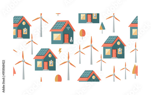 sustainable housing seamless pattern, energy-saving homes, solar panels, LED lights, smart thermostats, and wind turbines arranged in a repeating pattern,