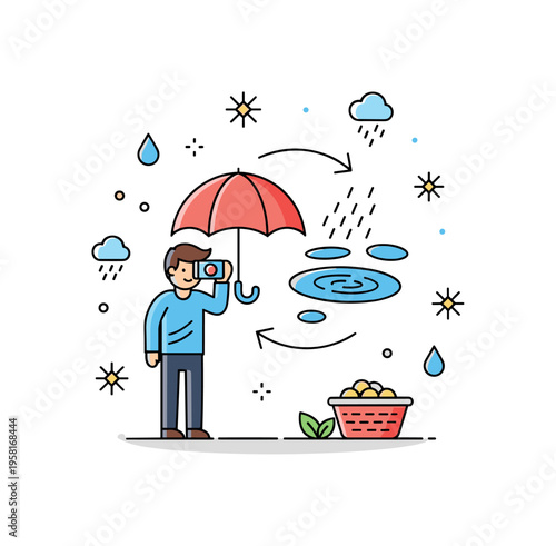 Water cycle person observing rainfall with umbrella and puddles representing precipitation, collection, and nature?s water cycle. Decorative spark icons and