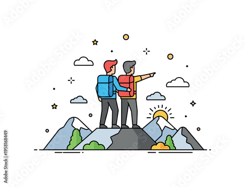 Mountain hiking couple partners standing together on a small mountain peak while one points toward the horizon and a tiny sun rises behind distant hills.