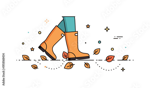Autumn countryside stroll tall rubber boots stepping through scattered leaves with subtle dotted trails. A warm concept badge about seasonal walks and earthy
