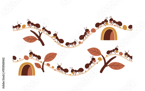 ant trail seamless pattern, lines of ants moving, carrying food, climbing leaves, tunnels, and small branches arranged in a repeating pattern, white background