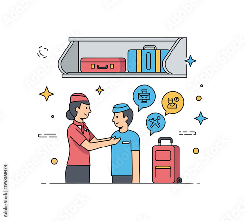 Cabin crew assisting passengers flight attendant helping a traveler place luggage into the overhead bin while star accents and small guidance icons emphasize