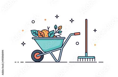 Wheelbarrow for yard work compact garden wheelbarrow carrying leaves and small branches while a rake icon rests nearby. The composition suggests seasonal yard