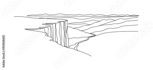 Cliffside Landscape Horizon. Minimalistic one-line drawing dramatic cliff overlooking a wide natural landscape horizon, continuous single black line on white