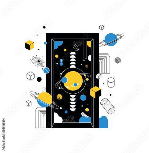 conceptual universe portal with black and white doorway opening into floating planets, cut-out architecture with white outline, giant yellow circle sun behind