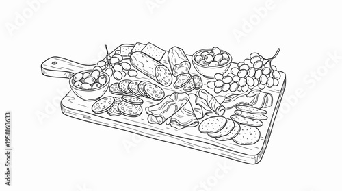 Hand-drawn outline of various food items arranged on a cutting board