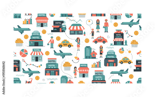 travel economy ecosystem seamless pattern, planes hotels restaurants taxis shops and tourists with coins and charts arranged in a repeating pattern, white