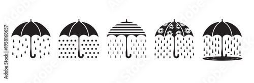 Set of five black umbrella silhouettes with raindrops, different patterns like polka dots and stripes, flat design