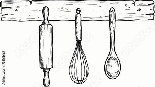 Hand-drawn outline vector illustration of kitchen utensils hanging on wooden hook