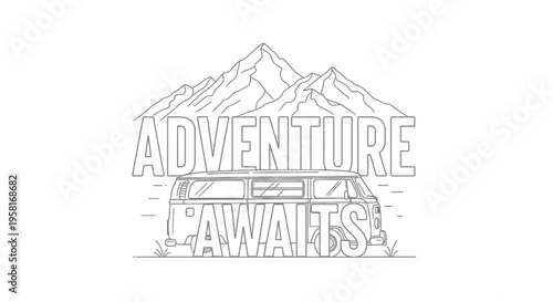 Adventure Awaits typography vector illustration with van and mountains