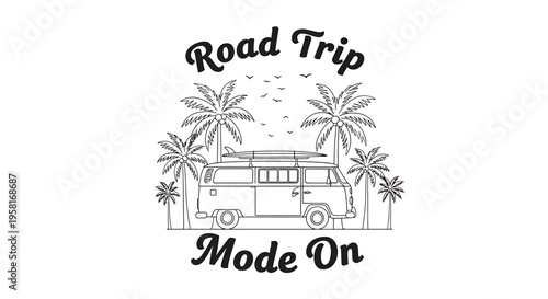 Vector illustration of camper van with palm trees and road trip text
