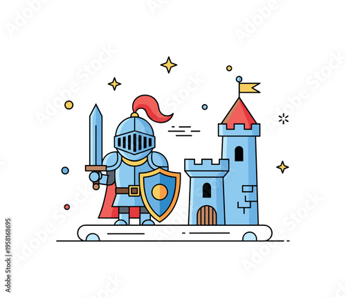 Brave knight from fairy tale small armored knight with a shield and sword standing proudly beside a tiny castle tower. The scene suggests heroic adventures