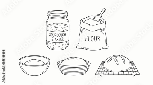 A kitchen scene with sourdough starter, flour, and baking ingredients on a table