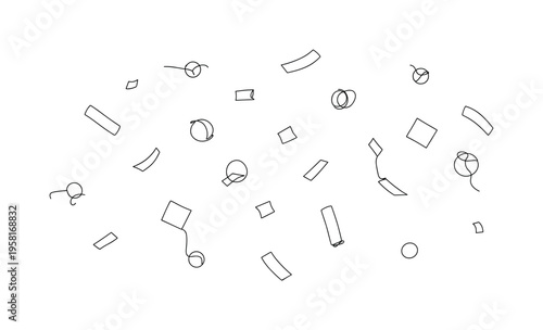 Celebration Confetti. Minimalistic one-line drawing scattered confetti floating in the air after a triumph, continuous single black line on white background,