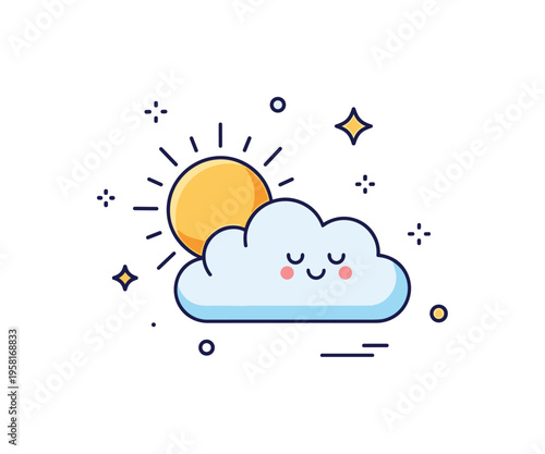 Bliss and serenity symbolized by a soft cloud with a small smiling face floating under a warm sun and tiny star accents. Dreamlike emotional scene reflecting