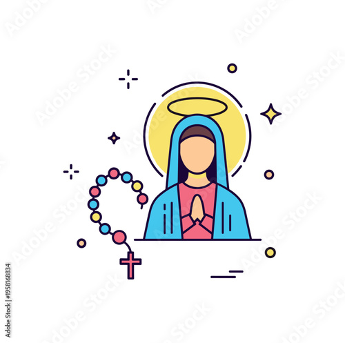 Rosary prayer devotion shown with a small rosary bead loop placed beside a Marian icon with a soft halo. Quiet spiritual scene symbolizing prayer, faith, and
