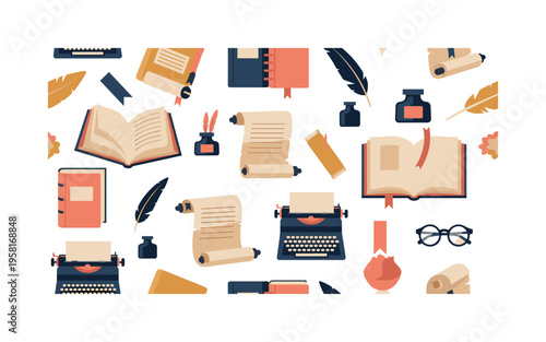 book lover pattern seamless pattern, open books, quills, ink bottles, scrolls, typewriters, glasses and bookmarks arranged in a repeating pattern, white