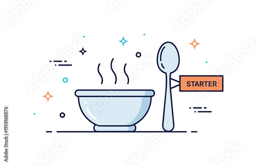Classic soup starter centered on a simple bowl with steam rising above it while a spoon rests nearby and a small label reads ?Starter?. The scene conveys the