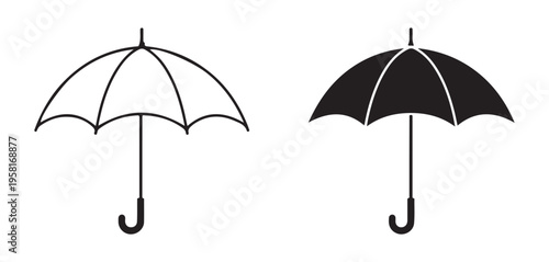 Umbrella icon outline and filled black graphic symbol for weather protection outdoor accessory
