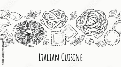 A vector illustration of Italian cuisine with pasta, cheese, and herbs on a plate.