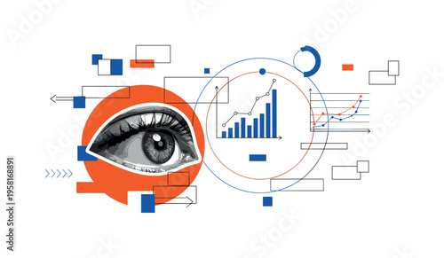 black and white human eye observing a video game screen symbolizing critical review perspective, large orange circle behind the eye creating strong visual