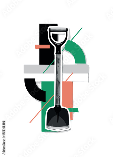 A monochrome vintage wooden-handled hoe centered vertically, intersected by abstract rectangular color blocks and bold semicircles symbolizing sustainability,