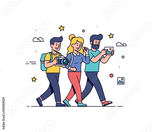 Creative photography outing friends walking together with a camera while reviewing a captured photo with excitement. Playful visual story of creative