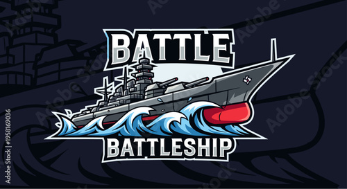 Stylized battleship logo with 'BATTLE BATTLESHIP' text and waves, set against a dark blue background.