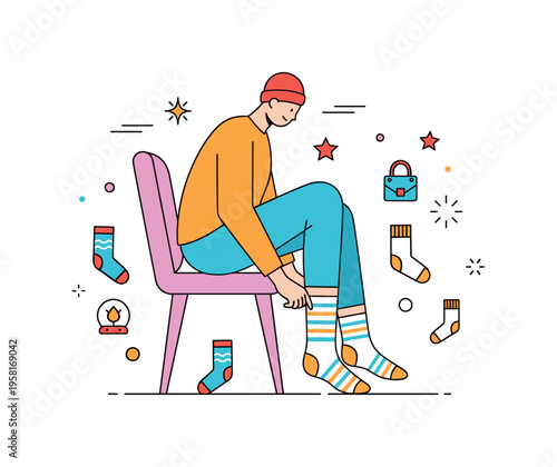 Socks person putting a pair of cozy socks on while sitting by a window with sunlight streaming in representing comfort, warmth, and relaxing daily moments.