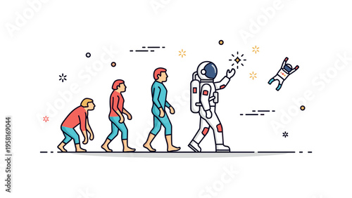 Evolution of explorers simplified human evolution path ending with an astronaut reaching toward a small glowing star. Concept representing curiosity and the