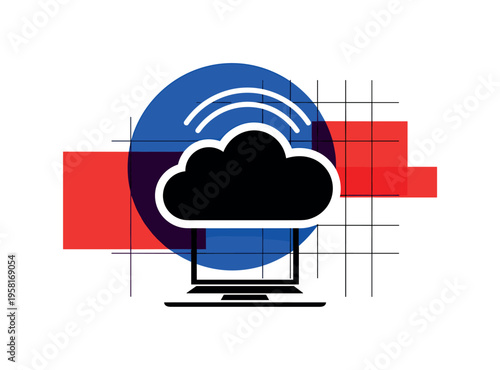 Modern graphic collage of a black-and-white side view of picnic bench with exaggerated geometric perspective, white outline effect, bold yellow circular accent