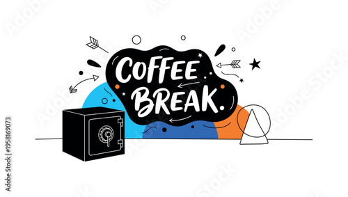 closed safe box on table with geometric highlights abstract circles lines and geometric shapes representing trusted protection black and white retro safe