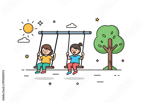 Park swing adventure two children taking turns on a simple playground swing beneath a bright sun and a small leafy tree. Gentle scene expressing fresh air,