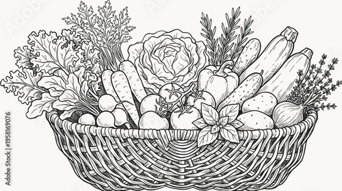 A vector line drawing of a wicker basket filled with various vegetables and herbs on a plain background
