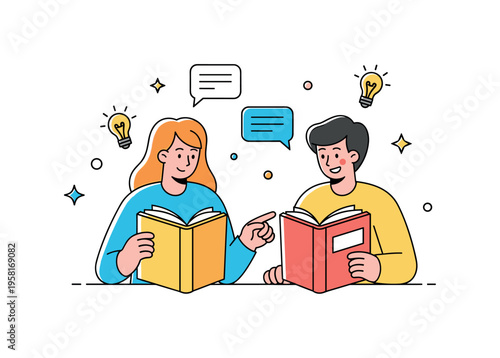 Book lovers friendship two friends happily reading together while one points at an interesting page and small lightbulb icons suggest ideas and discussion.