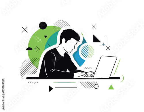 student studying at desk with laptop abstract circles lines and geometric shapes representing distance learning black and white retro human silhouette and