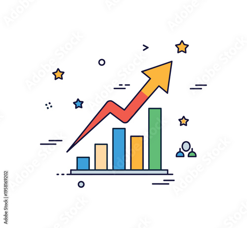Stock market growth concept centered on a bold upward arrow emerging from a simplified bar chart, symbolizing financial progress and investment momentum. The