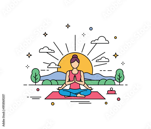 Sunrise meditation and yoga moment welcoming a new day with quiet movement and mindful breathing. A seated figure on a yoga mat with a bright sun and minimal