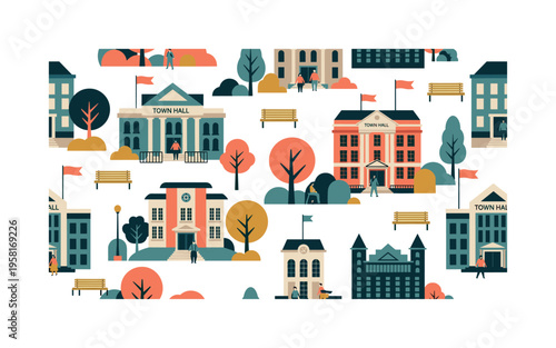 municipal building scene seamless pattern, town halls, flags, park benches, trees, and people entering arranged in a repeating pattern, white background with