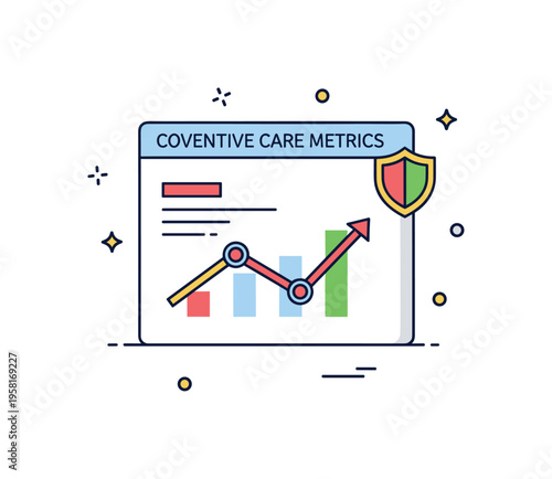 Preventive care metrics overview showing a simplified data board with upward trend line and small shield icon, symbolizing proactive monitoring and risk