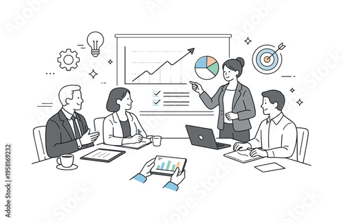 Executive planning meeting. Calm boardroom scene with leaders reviewing performance charts and strategy indicators, confidence and clarity in direction.