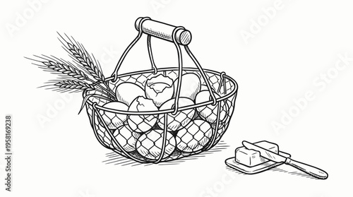 A wire basket filled with bread rolls and wheat sits next to a butter knife on a cutting board.