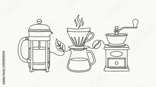 A doodle style vector illustration of coffee, beans, and equipment for brewing