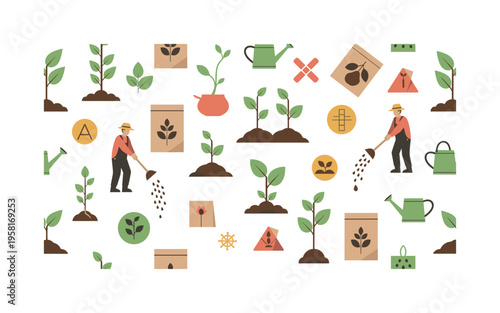 seed cultivation for sustainability seamless pattern, seed packets, sprouting plants, farmers sowing seeds, watering cans and agriculture symbols arranged in a