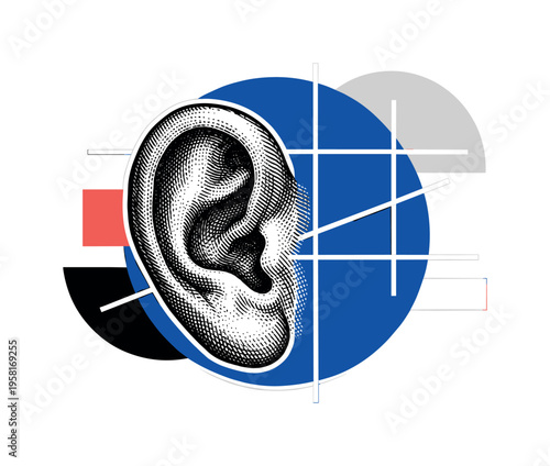 Close-up black and white vintage engraved ear with intricate texture, deep blue geometric circle intersected by sharp white linear elements forming a modern
