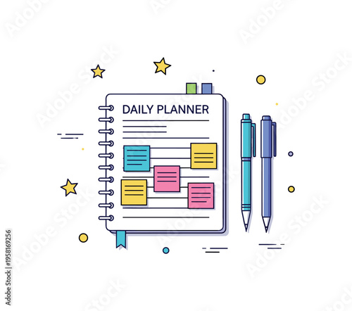 Daily planner organization showing a notebook layout with colorful sticky reminders and two pens placed neatly beside the page. Friendly productivity scene